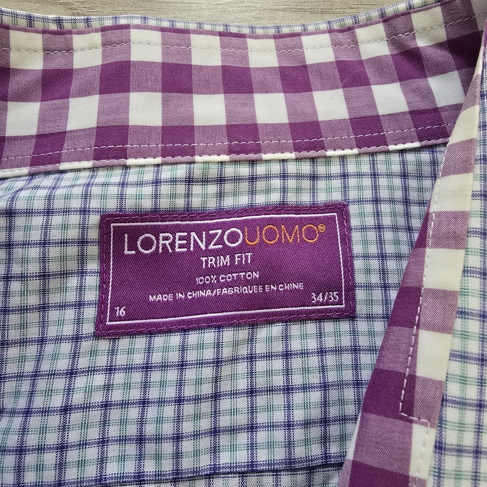 Lorenzo Uomo Button Shirt Mens 16 34/35 Purple Green Check - Picture 5 of 9